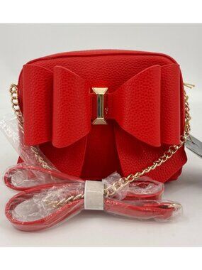 Crossi Chloe Bow Crossbody Red Faux Leather Zip Closure Chain Strap Logo